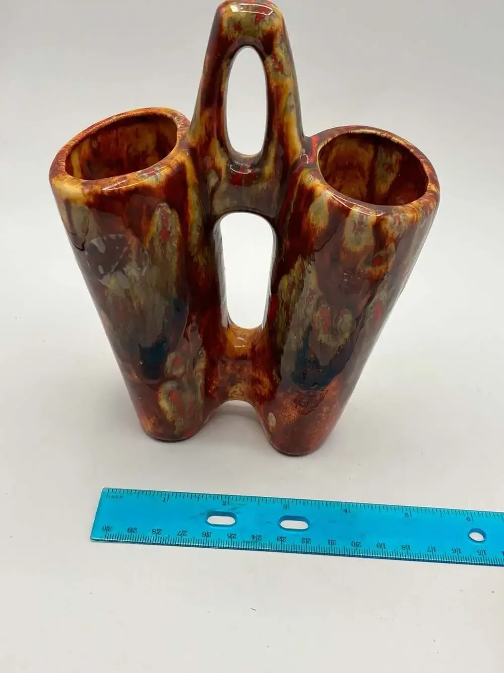 Vintage MCM Ceramic Double Vase w/ Stirrup Handle Red-Orange, Brown Drip Glaze
